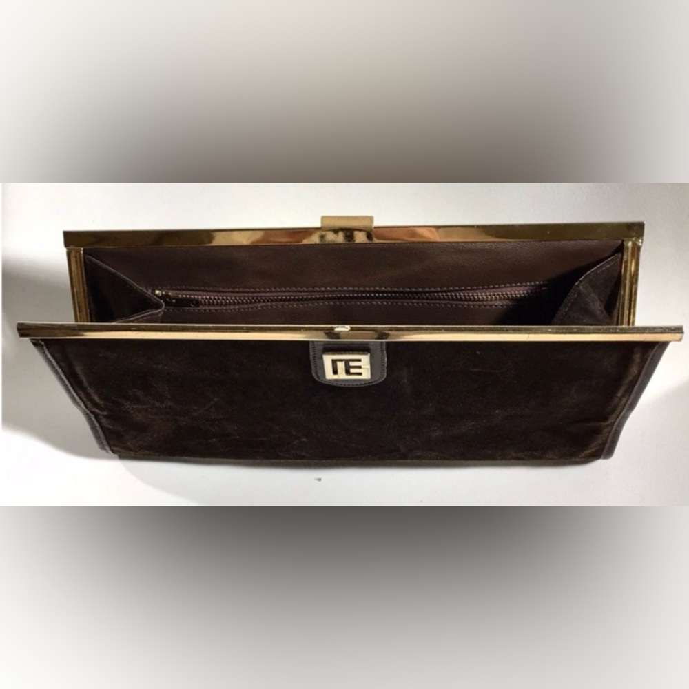 Auth BALMAIN Vintage Chocolate Brown Suede Logo Hand Clutch Purse Bag